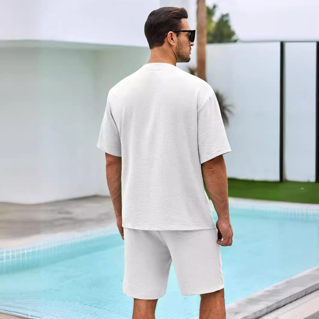 Heren Set – V-hals Overhemd met Knoopsluiting en Relaxte Short – Ademend Textiel
