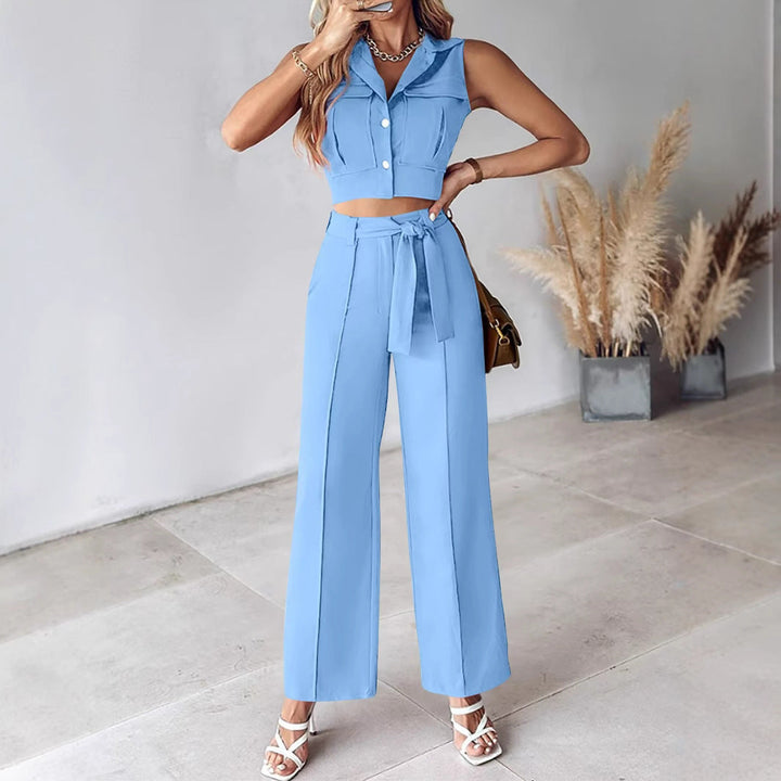 Dames Pantalon Set – Mouwloze Crop Top – Hoge Taille Wijde Pijpen – Ceintuur Detail
