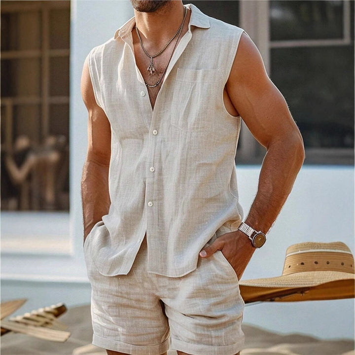 Heren Set Mouwloos Overhemd en Korte Broek – Relaxte Pasvorm – Ademend Casual Design
