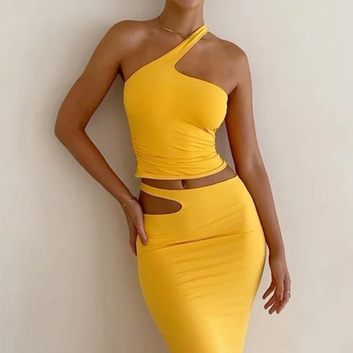 Dames Two-Piece Set – Slim Fit – One Shoulder – Midi Rok met Cut-Out – Stretchy Fabric