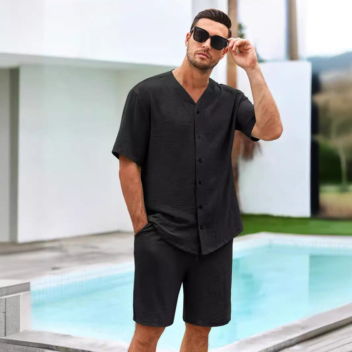 Heren Set – V-hals Overhemd met Knoopsluiting en Relaxte Short – Ademend Textiel
