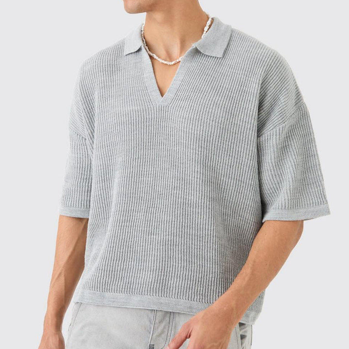 Heren Overhemd Korte Mouw – Relaxed Fit – Zachte Knit – V-Hals met Kraag – Casual