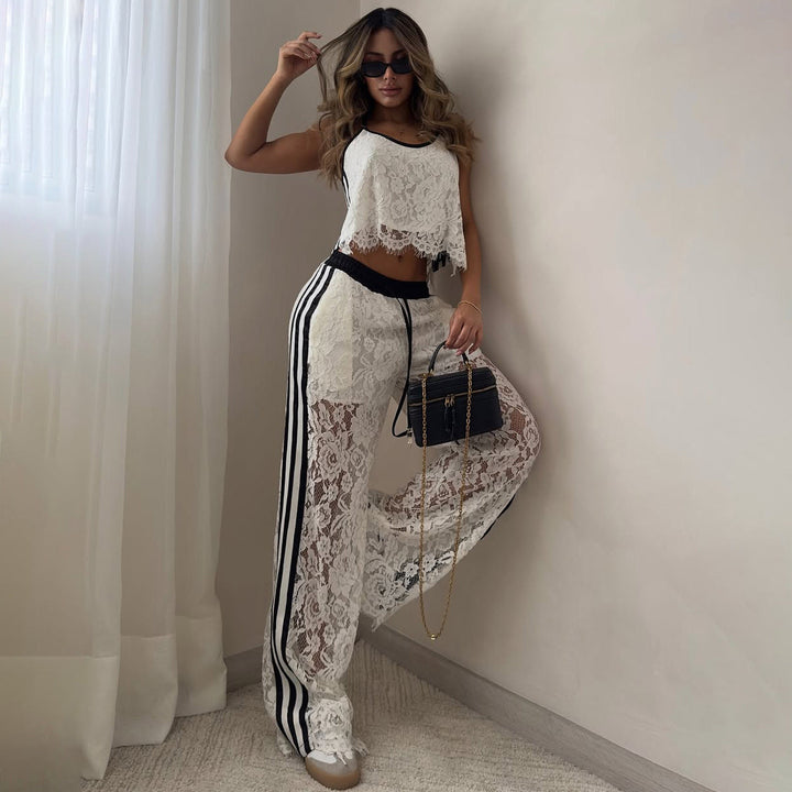 Dames Tweedelig Set – Kanten Cropped Top – Losse Broek met Trekkoord – Ademend Ontwerp