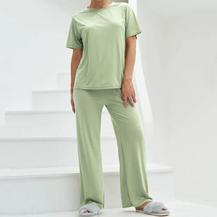 Dames Loungewear Set – Korte Mouwen – Cropped Top – Wijde Pijpen – Ademend Comfort