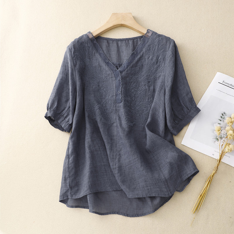 Dames Blouse – Losse Pasvorm – V-hals – Korte Mouwen – Geborduurd – Ademend Materiaal