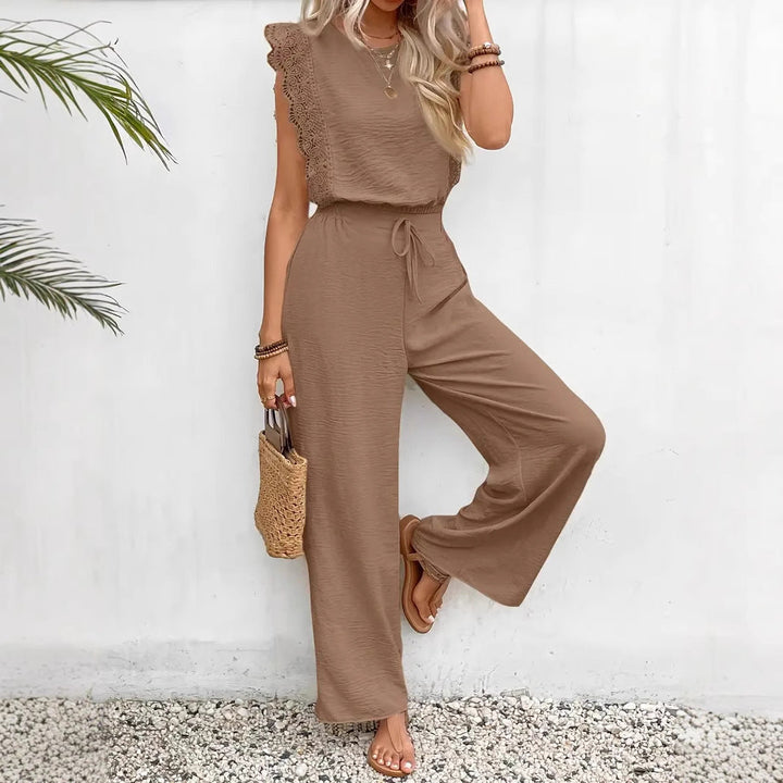 Dames Loungewear Set – Mouwloos Top met Kant – Wijde Broek – Zachte Stretchstof