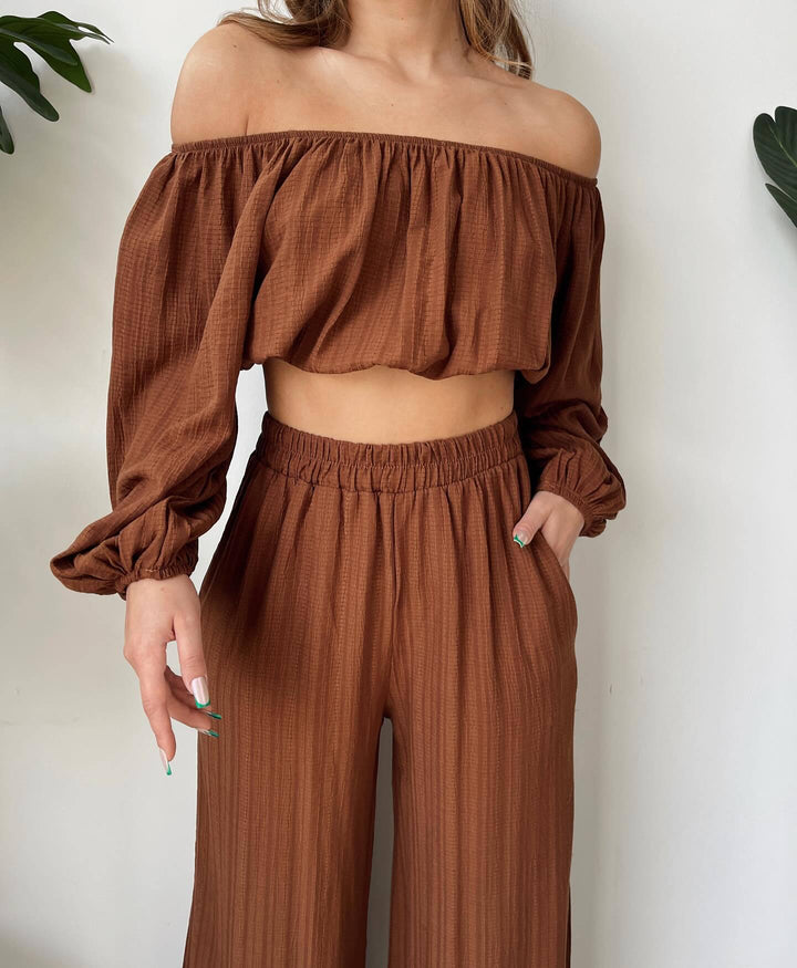 Dames Tweedelige Set – Off-Shoulder Crop Top – Hoge Taille Wijde Pijpen – Luchtige Stof