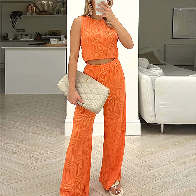Dames Tweedelig Set – Mouwloos Crop Top – Hoge Taille Broek – Ademende Stof