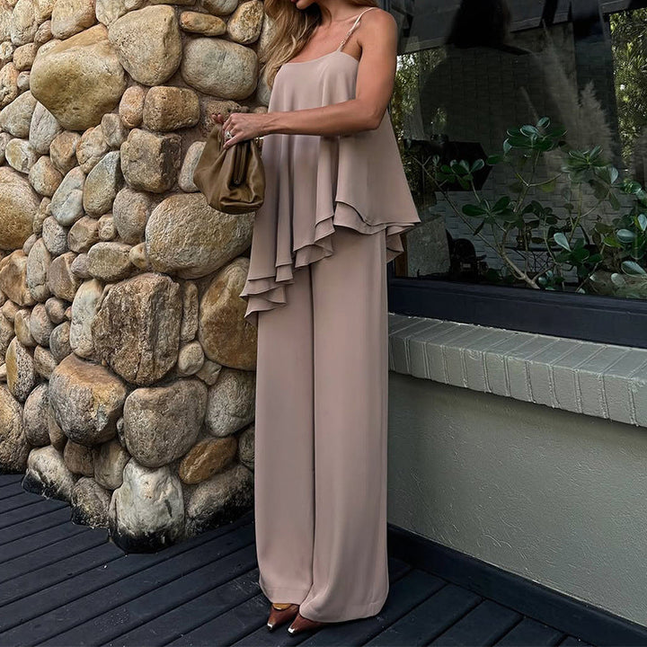 Dames Two-Piece Set – Asymmetrische Overslagtop – Mouwloos – Rechte Broek – Luchtige Pasvorm