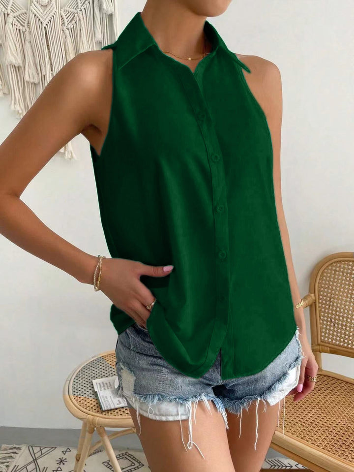Dames Mouwloze Blouse – Satijnafluweel – Relaxte Pasvorm – Knoopsluiting – Heuplang