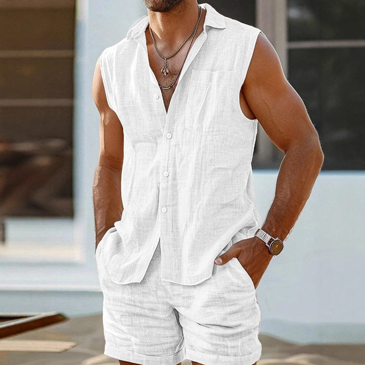 Heren Set Mouwloos Overhemd en Korte Broek – Relaxte Pasvorm – Ademend Casual Design