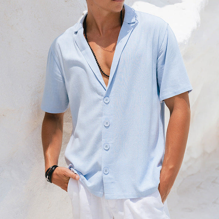 Heren Overhemd – Relaxed Fit – Ademend Materiaal – Korte Mouwen – Diepe V-Hals