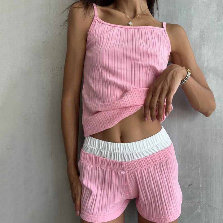 Dames Pyjama Set – Relaxed Fit – Ribbelstructuur – Korte Broek – Tie-Front Vestje