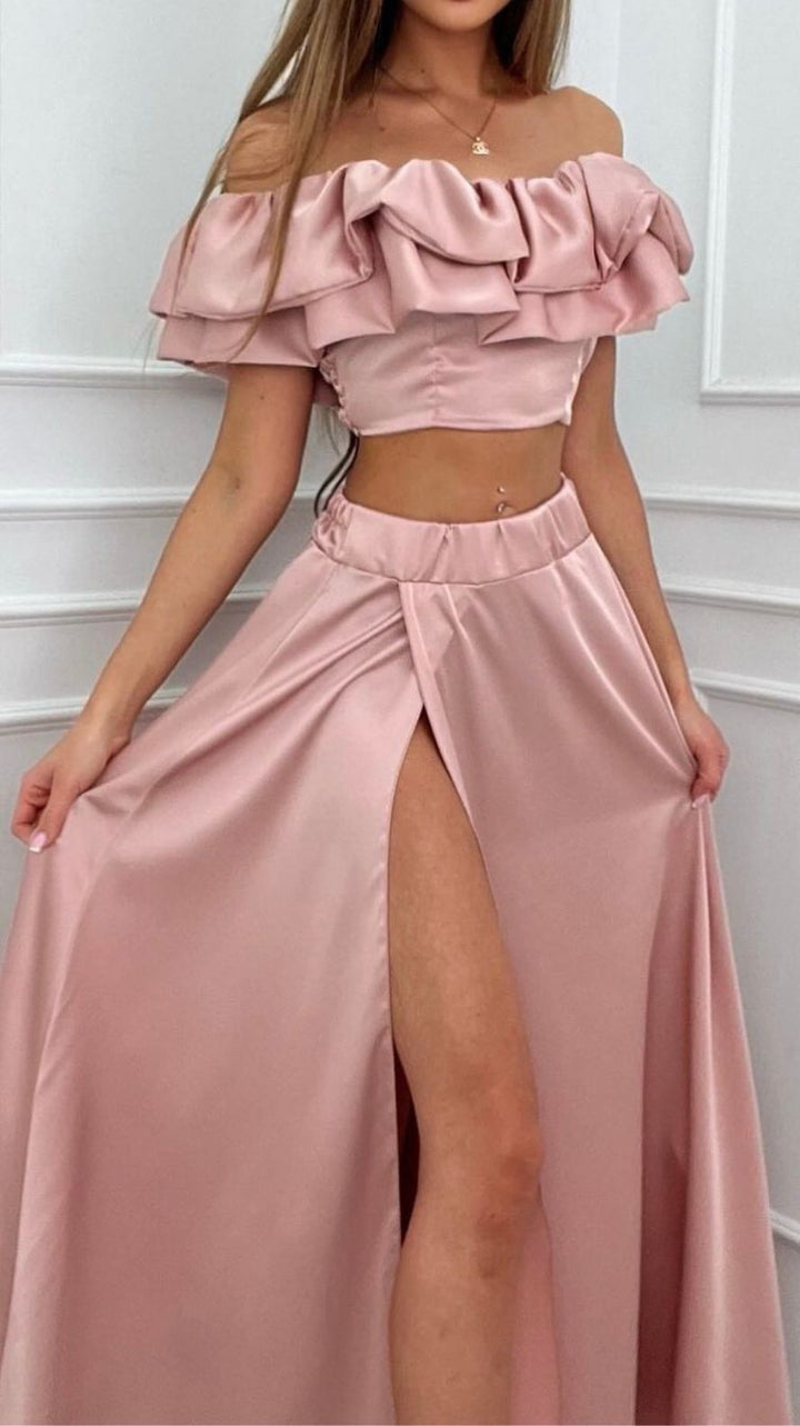 Dames Tweedelige Set – Off-Shoulder Ruffle Top – Maxi Rok met Hoge Split