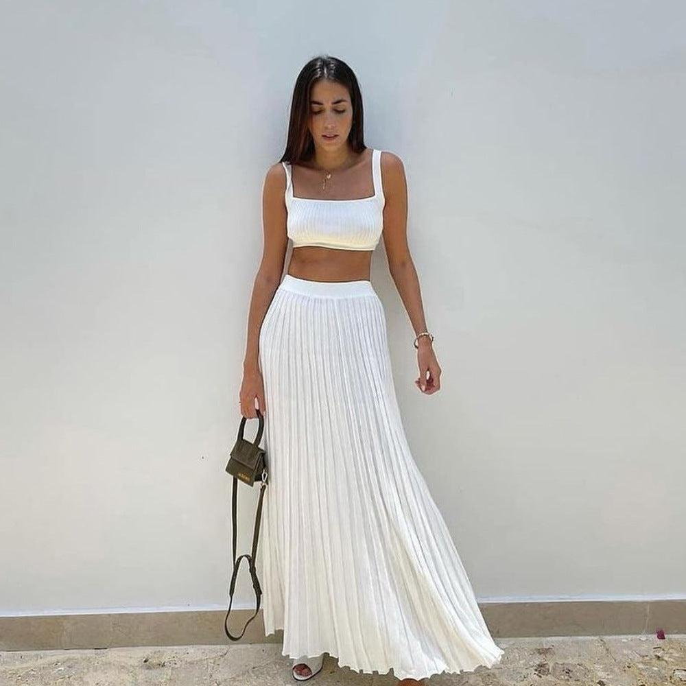 Dames Set – Slim Fit Cropped Top – Vierkante Hals – Maxi Plissérok – Zachte Knit