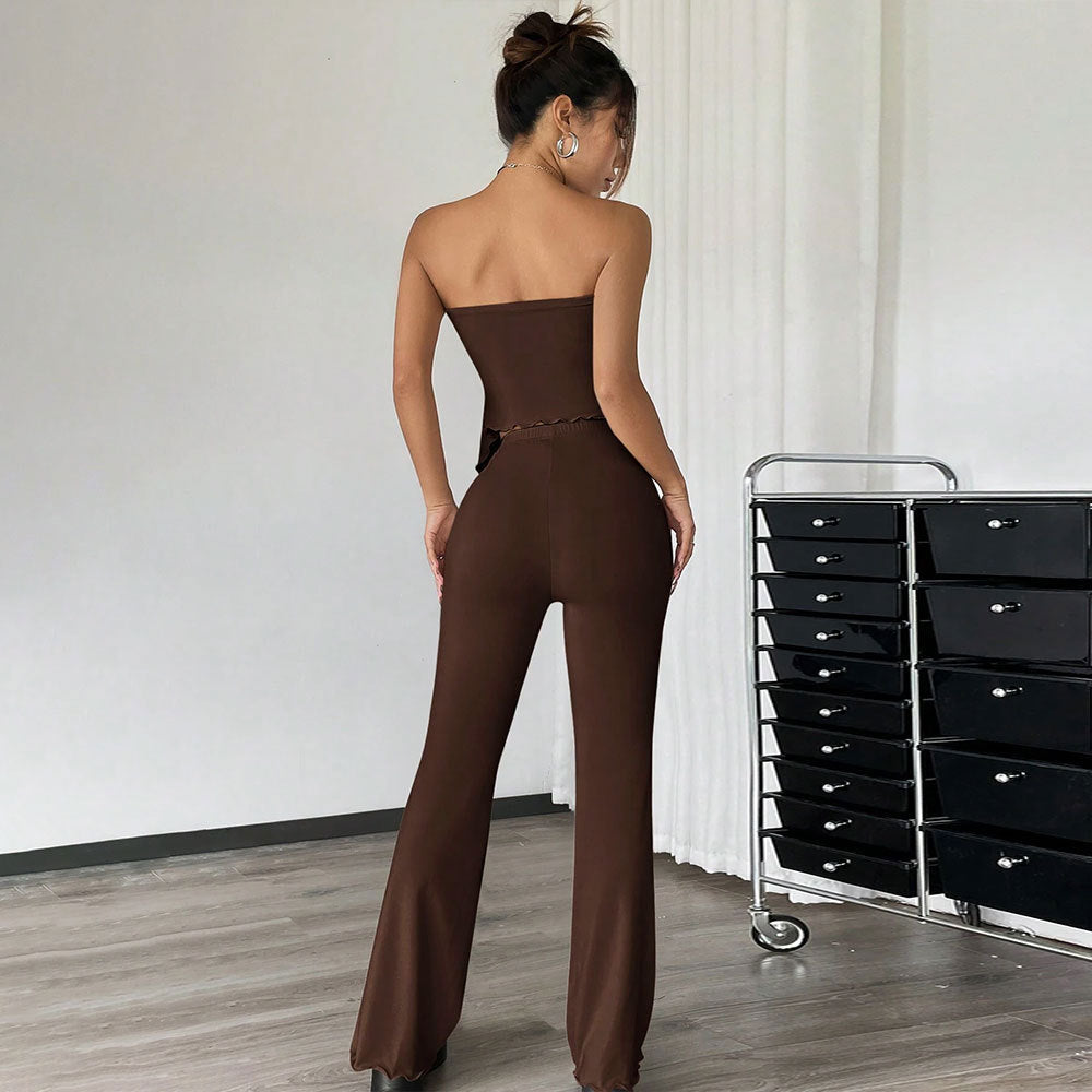 Dames Two-Piece Set – Strapless Bandeau Top – Hoge Taille Flared Broek – Stretchstof