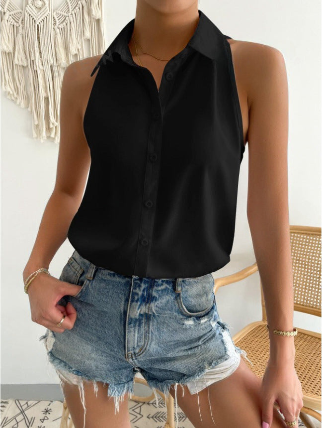 Dames Mouwloze Blouse – Satijnafluweel – Relaxte Pasvorm – Knoopsluiting – Heuplang