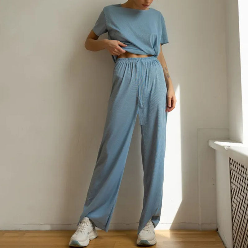 Dames Loungewear Set – Korte Mouwen – Cropped Top – Wijde Pijpen – Ademend Comfort