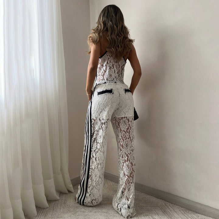 Dames Tweedelig Set – Kanten Cropped Top – Losse Broek met Trekkoord – Ademend Ontwerp