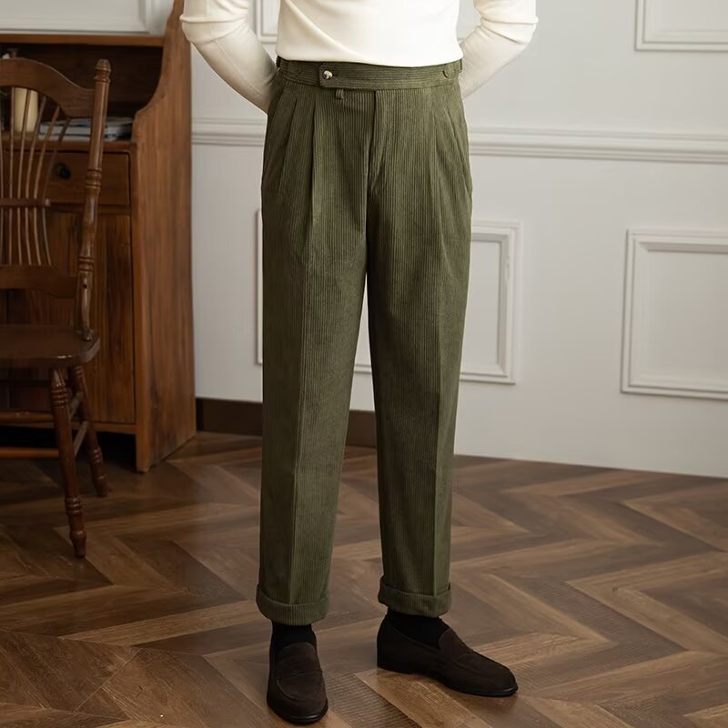 Heren Broek – Rechte Pasvorm – Hoge Taille – Luxe Ribstof – Geplooid Vooraan – Enkelhoogte