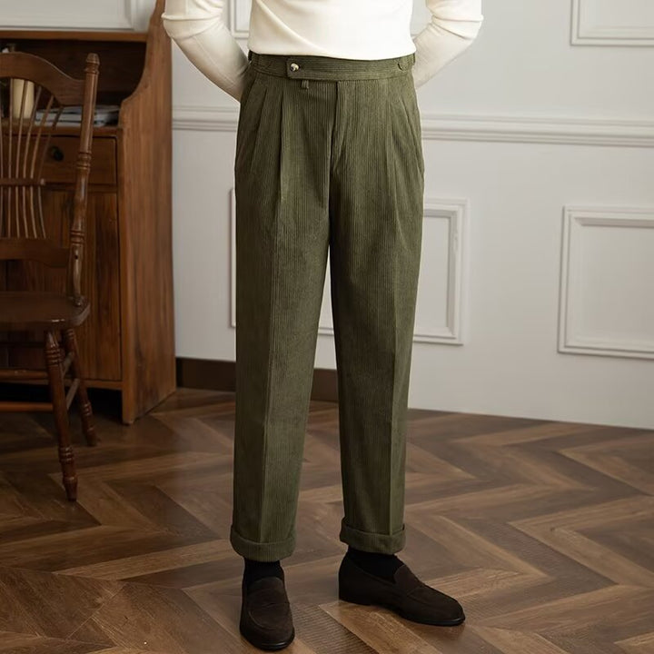 Heren Broek – Rechte Pasvorm – Hoge Taille – Luxe Ribstof – Geplooid Vooraan – Enkelhoogte