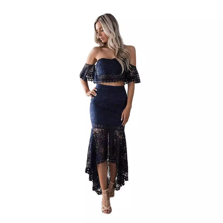 Dames Two-Piece Set – Off Shoulder Bustier Top – Hoge Taille Midi Kokerrok – Kant