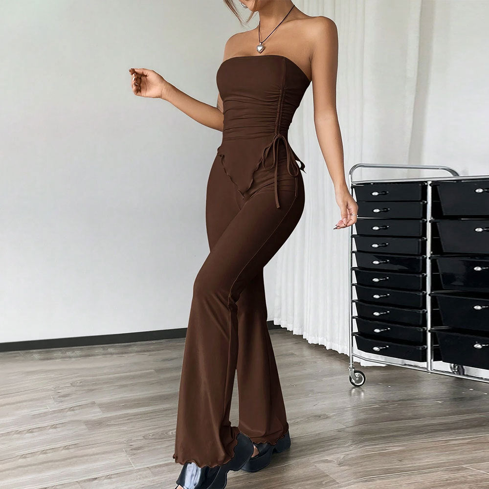 Dames Two-Piece Set – Strapless Bandeau Top – Hoge Taille Flared Broek – Stretchstof