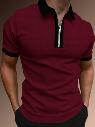 Heren polo shirt – Slim fit – Half zip – Ademende stof – Subtiel patroon – Ribboorden