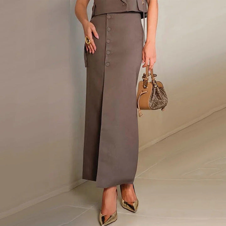 Dames Two-Piece Set – Cropped Top met Revers – High-Waist Midi Rok met Split