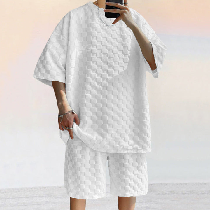 Heren Set – Losvallend Shirt & Rechte Shorts – Jacquard Patroon – Zachte Knit