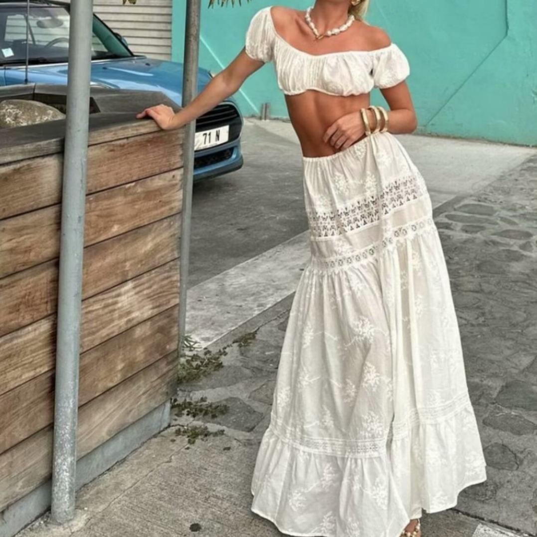 Dames Tweedelige Set – Off Shoulder Crop Top – Hoge Taille Gelaagde Maxi Rok