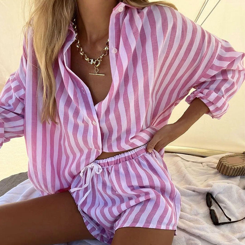 Dames Two-Piece Set – Losvallend Overhemd en Relaxte Short – Ademend Streepdessin