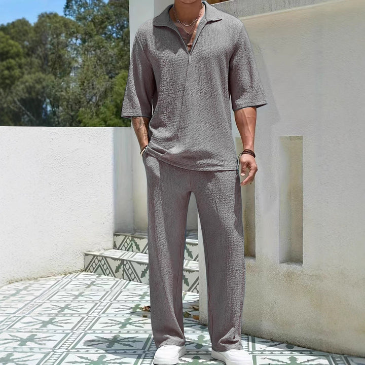 Heren Set – Casual Shirt met Halflange Mouwen – Luchtige Stof – Rechte Broek