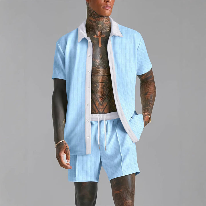 Heren Set – Knoopshirt en Korte Broek – Relaxte Pasvorm – Ademend – Zakken – Trekkoord