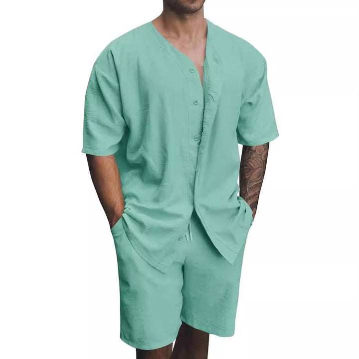 Heren Set – V-hals Overhemd met Knoopsluiting en Relaxte Short – Ademend Textiel