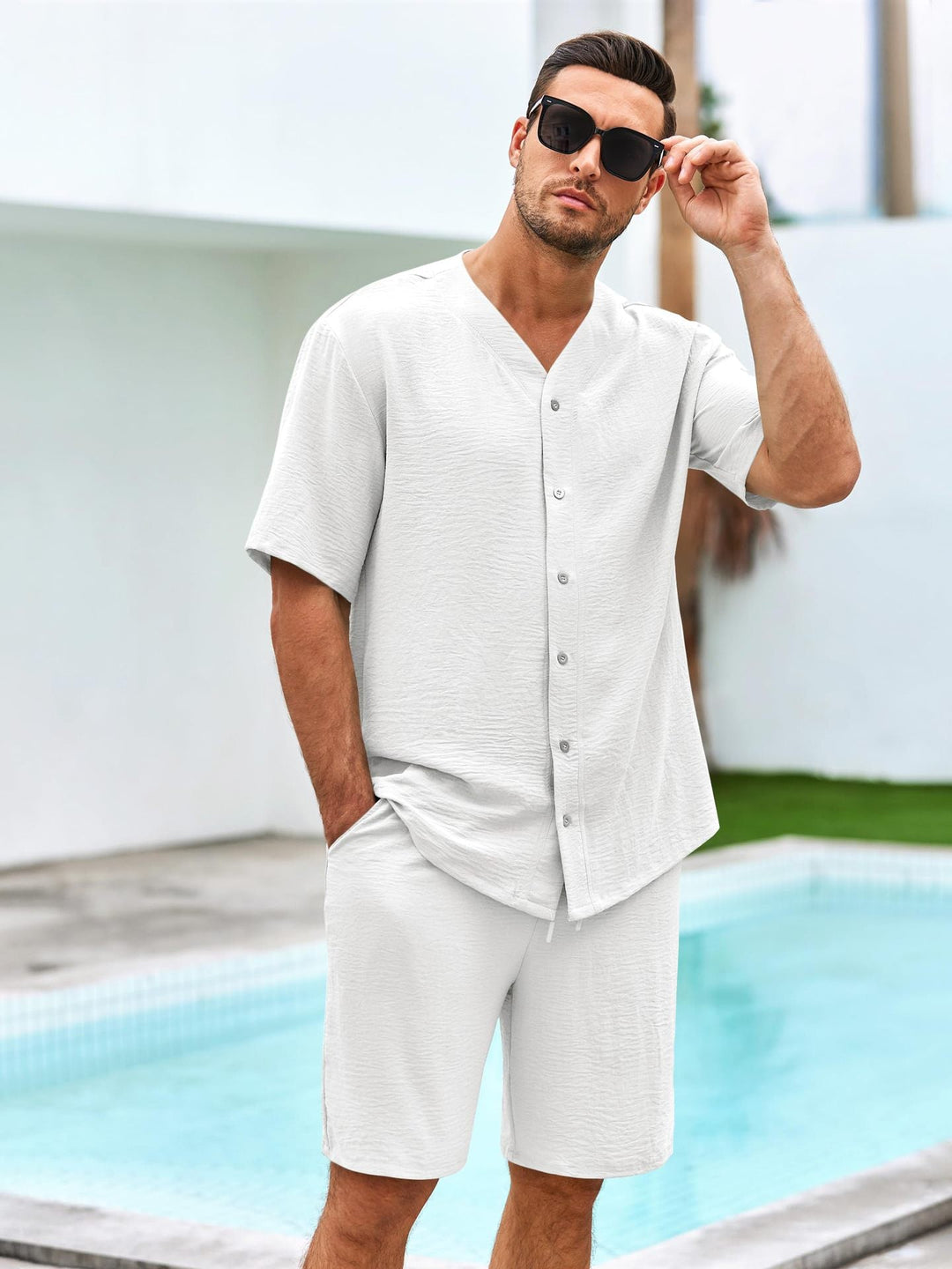Heren Set – V-hals Overhemd met Knoopsluiting en Relaxte Short – Ademend Textiel