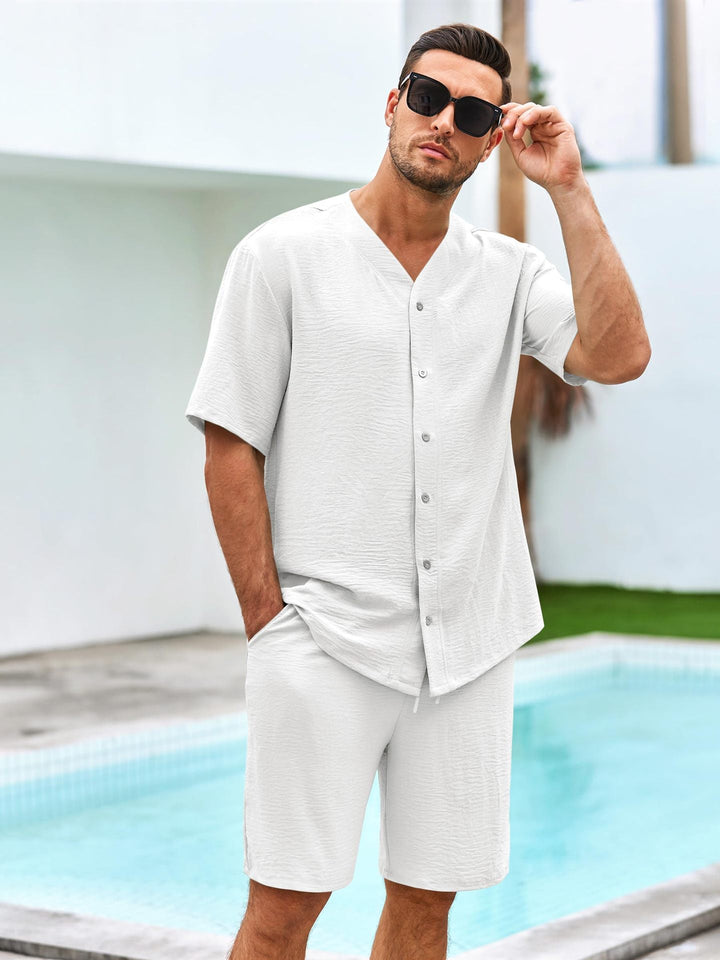 Heren Set – V-hals Overhemd met Knoopsluiting en Relaxte Short – Ademend Textiel