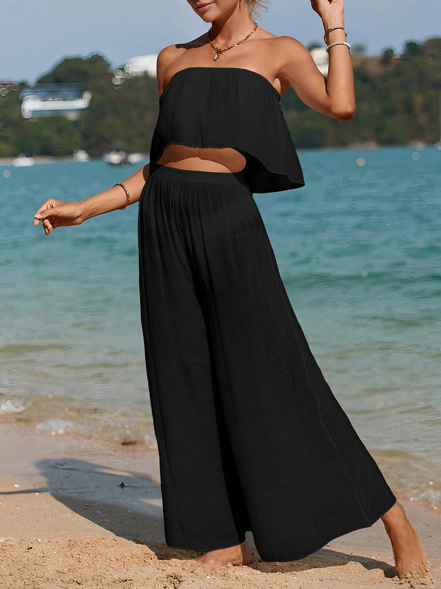 Dames Tweedelige Set – Strapless Top – Wijde Lange Broek – Luchtige Stof