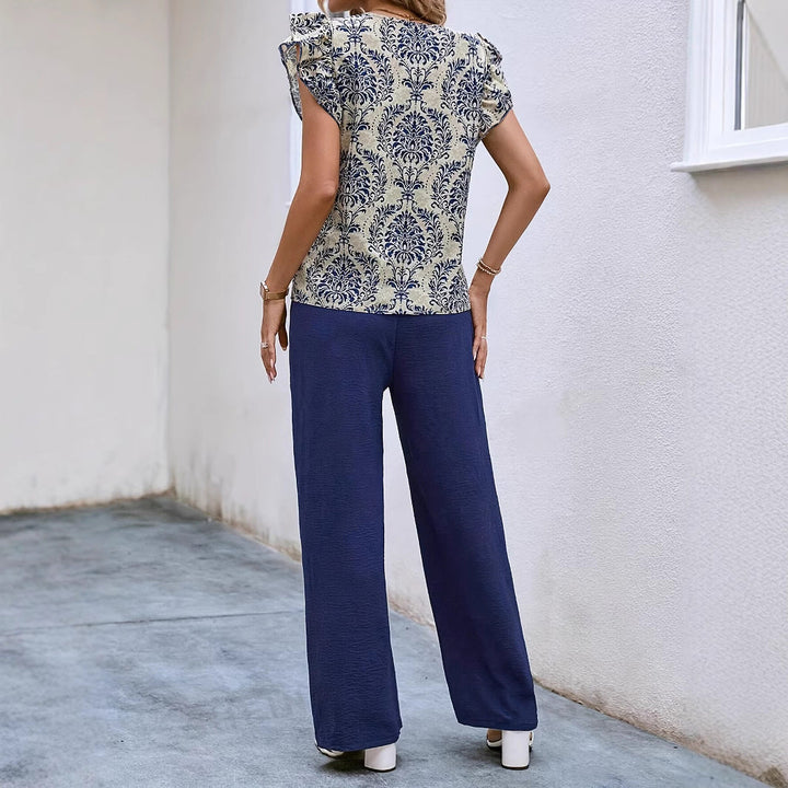 Dames Set – V-hals Top met Ruches – Bloemenprint – Wijde Broek met Ceintuur