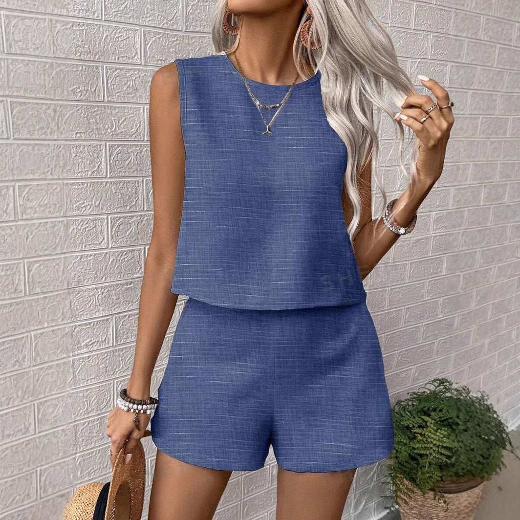 Dames Set Top en Shorts – Ademend Stoffenmix – Mouwloos – Relaxte Pasvorm Casual