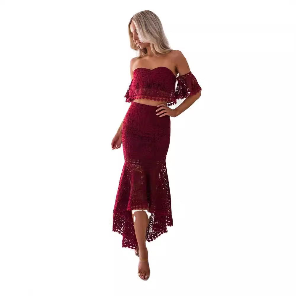 Dames Two-Piece Set – Off Shoulder Bustier Top – Hoge Taille Midi Kokerrok – Kant