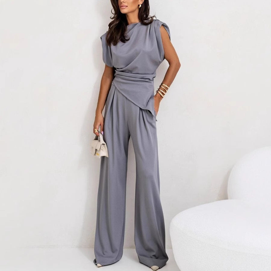 Dames Two-Piece Set – Relaxed Fit – Draped Top – Hoge Taille Wijde Pijpen