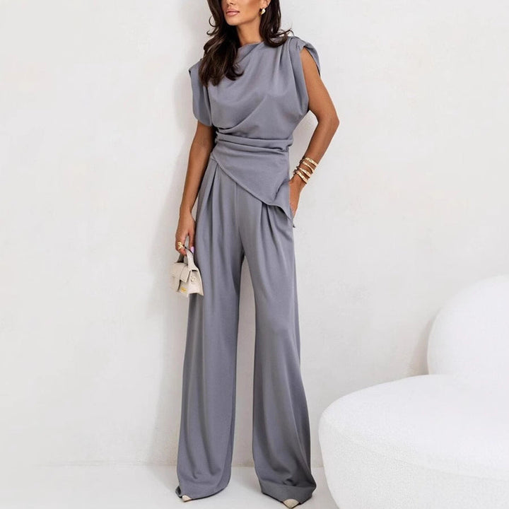 Dames Two-Piece Set – Relaxed Fit – Draped Top – Hoge Taille Wijde Pijpen