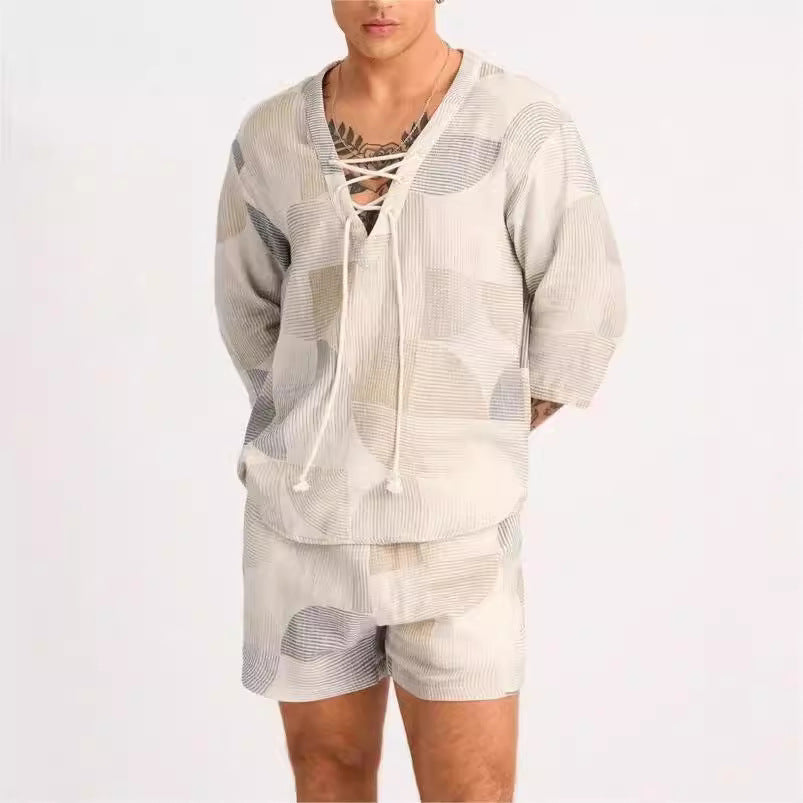 Heren Set – Korte Broek en Lace-Up Shirt – Relaxed Fit – Ademend Natuurlijk Textiel