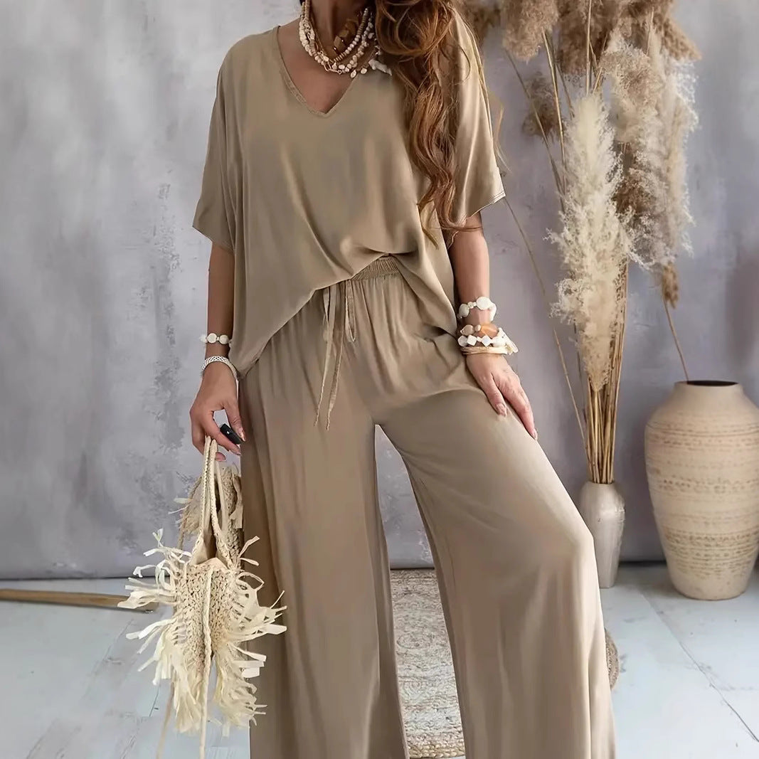Dames Set – Relaxed Fit – V-hals Top met Korte Mouwen – Wijde Broek – Ademende Stof