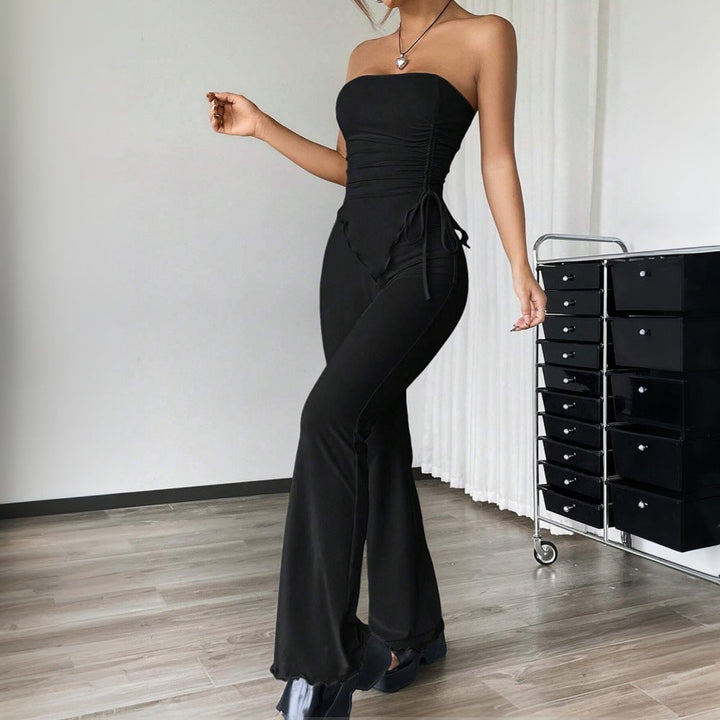 Dames Two-Piece Set – Strapless Bandeau Top – Hoge Taille Flared Broek – Stretchstof