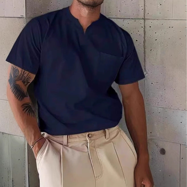 Heren T-shirt met V-hals – Slim Fit – Borstzak – Ademend Natuurvezel Casual Model