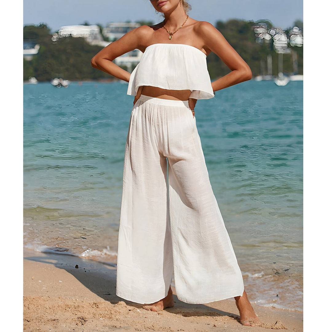 Dames Tweedelige Set – Strapless Top – Wijde Lange Broek – Luchtige Stof
