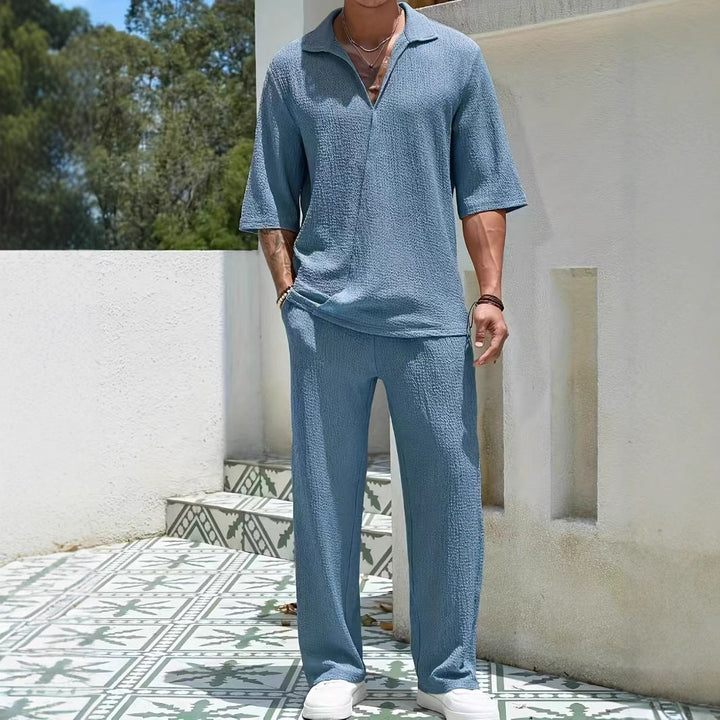 Heren Set – Casual Shirt met Halflange Mouwen – Luchtige Stof – Rechte Broek