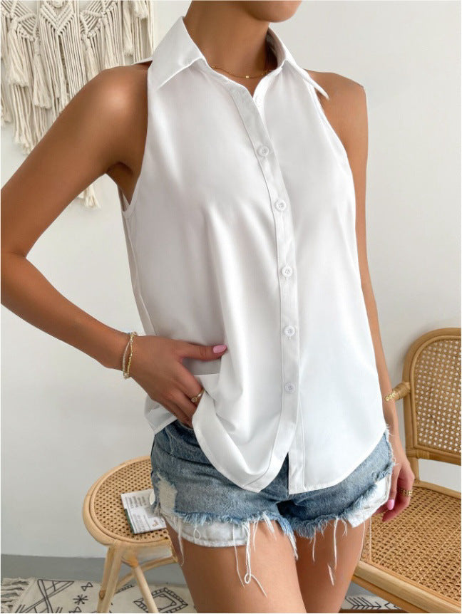Dames Mouwloze Blouse – Satijnafluweel – Relaxte Pasvorm – Knoopsluiting – Heuplang